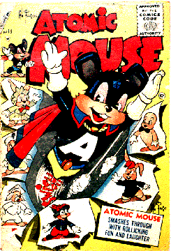 Comic book cover, Atomic Mouse. Illustration of superhero mouse with A on their shirt with text, Atomic mouse smashes through with rollicking fun and laughter. 