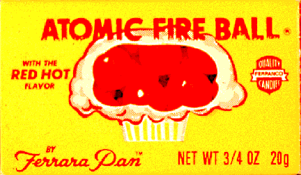 Atomic Fire Ball candy packaging displaying a mushroom cloud explosion. By Ferrara Pan.
