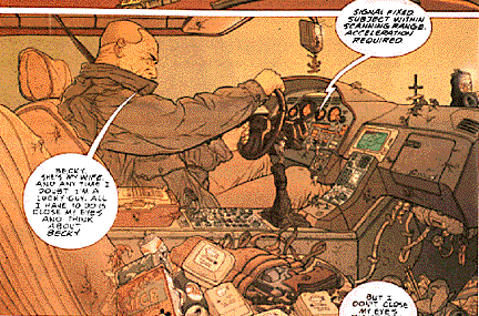 Comic panel with man driving vehicle with pile of old tech refuse on passenger's seat