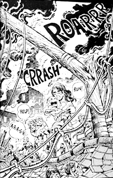 Illustration of people suffering with destruction and fire all around and text, Roar, Crash, Help!, Run!, AARGH!