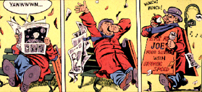 Comic with three panels: first has man reading paper and yawning, second has man yawning and dropping paper, and third has man wearing sandwich board, eating apple and ringing bell. Sandwich board says, Eat at Joe's Food Service with Atomic Speed. 