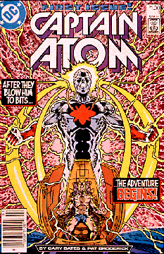 Comic book cover for Captain Atom, first issue. Illustration of man in chair with electrical-like radiation current going through him. Text: After they blow him to bits the adventure begins!