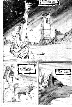 Comic panels showing wrecked Statue of Liberty with destroyed city, woman with pack walking with wolf-like dog.