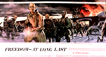 Magazine spread with soldiers running away from camp and explosion behind them with text, Freedom - at long last.
