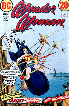 Comic book cover with Wonder Woman strapped to missile over city, fighter jets attacking her and the text, Wonder Woman, DC 20 cents, Target -- Wonder Woman. 