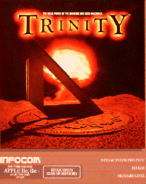 Game packaging for the game Trinity with mushroom cloud explosion and sundial for the Apple IIc, IIe.