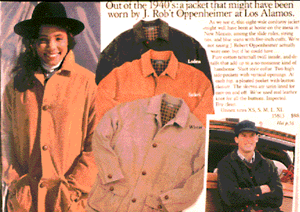 Model wearing jacket in ad with text and photo of J. Rob't Oppenheimer. 