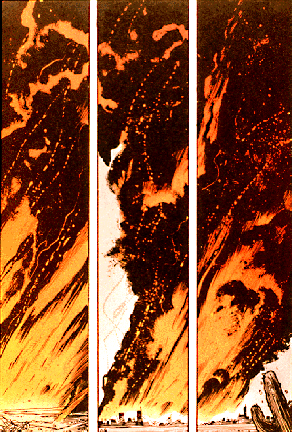 Three panels with a huge explosion above a city with a cactus in the foreground.