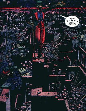 Illustration of robot standing and singing New York, New York over the rubble of a bombed city. 