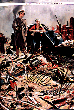 Illustration of soldier in front of woman next to car in the ruins of a city. 