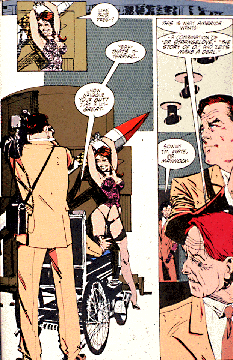 Three comic panels with man in suit photographing scantily clad woman with bomb. 