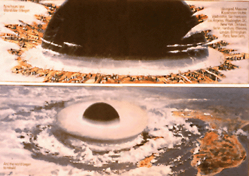 Illustrations of mushroom clouds looking down from outer space.