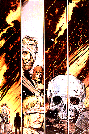 Fire, explosions and smoke. People with bandages and a skull.