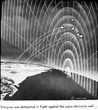 Shows the Earth from above with a graphic shield going up from the ground; missiles are being shot from the ground and exploding as they are blocked by the shield. Text, Everyone was detonated in flight against the super-electronic wall...