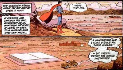 Panels from Superman comic with Superman looking over landscape with missile silos and text, The question hangs heavy on the man of steel's mind. I follows him through the day, ...it leads him to a missile silo site out west. - There they are, he says. Superman thinks, A nanosecond and I could disable all those missiles, but they'd detect that damage instantly...