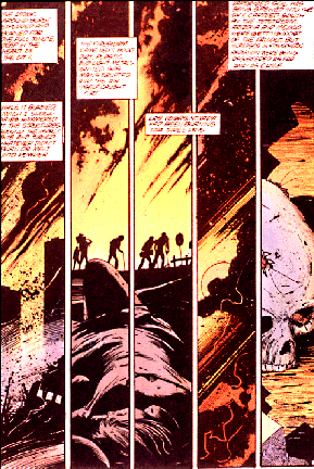 Five vertical comic panels with fire, destruction and silhouettes of people. The last panel depicts a skull.
