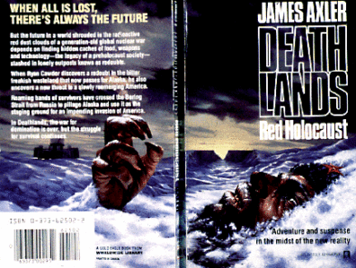 Book cover: Person's face and hand rising out of ocean waves and text, Death Lands: Red Holocaust by James Axler; Adventure and suspense in the midst of a new reality. When all is lost, there's always a future. 