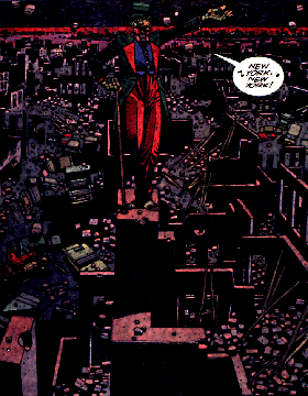 Robot standing over city that has been destroyed. 