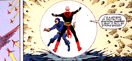 Comic panel from Dreadstar showing an air attack and an explosion. Two figures are in a sphere and one says, It's a sphere of protective mystical energy. I pray it will be strong enough. 