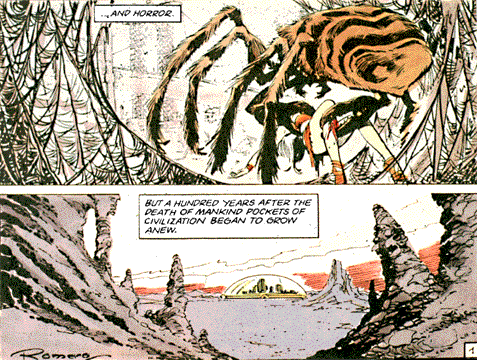 First panel: giant spider grabbing person and text, ...and horror. Second panel: Desolate landscape with no plants and city in a bubble in the distance and text, But a hundred years after the death of mankind pockets of civilization began to grow anew. 
