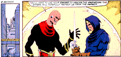Comic panel: One person says to the other, "You'll have to use your sword to absorb the radiation. The sphere will hopefully protect us from the impact."