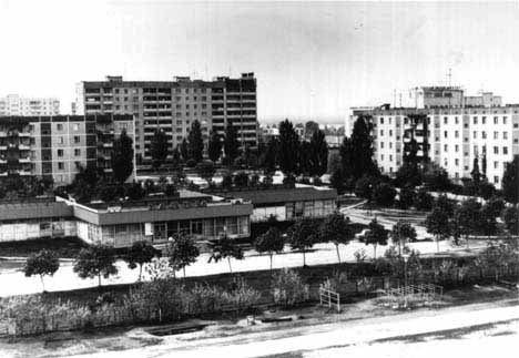 City of Pripyat; features multistory buildings and trees.