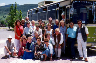 Photo of tour group: front row (l-r): Howard Wright, Chris Barquist, Ellinor Porter, Paula Elliot, Pam Demo;Second row: Sylvia Bushaw, Carol Gay, Marie ("Mimi") Wright; Third row: Susan Long, Alison Hall, Marcia Schekel, Jan Maguire, Trude Winters, bus driver, Zac Matthews; Back rows: Paul Brians, Don Bushaw, Merritt Wolfkill, Amy Bushaw, Barbara & Neal Porter, Cal & Margrethe Konzak.