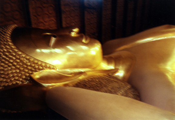 In one temple lay this gigantic golden Buddha. Worshippers constantly dropped tiny coins into a series of buckets behind the statue, creating a constant, shimmering, metallic sound. I thought at first it was birds chirping.
