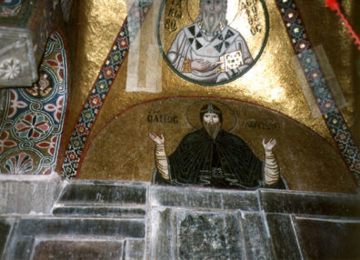 OSSIOS LOUKOS: Saint Loukos himself, after whom the church is named. The patches on the mosaics reflect repairs undertaken after a damaging earthquake.
