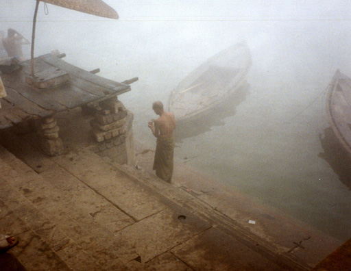 These ghats (riverside steps) are usually crowded with worshipers seeking to bathe in the sacred waters of the Ganges; but on this foggy winter morning there were few.