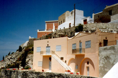 SANTORINI: A few daring souls toy with pastels, abandoning the standard decor of white with blue trim.