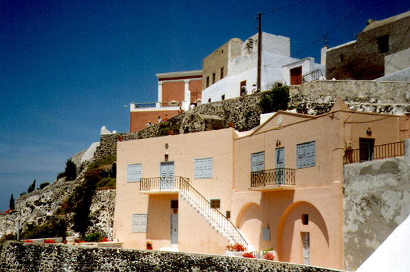 SANTORINI: A few daring souls toy with pastels, abandoning the standard decor of white with blue trim.