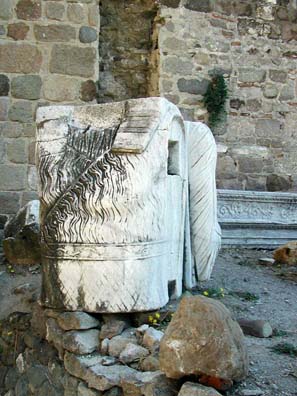 Large white carved stone.