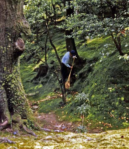 KYOTO: Moss gardens need to be carefully swept to maintain their velvety surface. Traditional Japanese gardens are highly labor intensive. May 26, 1998