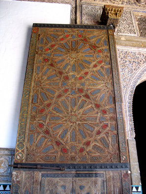 SEVILLA: An ornate wooden inlay door.