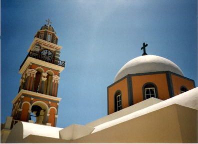 SANTORINI: In the Catholic cathedral of Fira, cloistered Spanish nuns sing and pray around the clock for world peace. From the street, we could catch only a glimpse of the bell tower and dome.