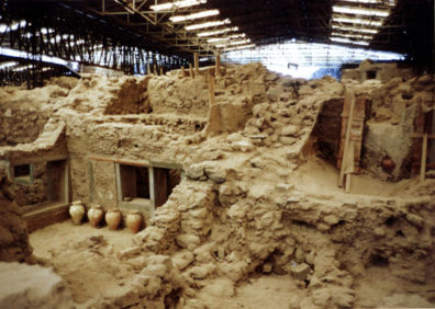 SANTORINI: Walking these ancient streets gives one a striking impression of what life here must have been like before the center of Thera blew up and buried this city, and possibly destroyed much of Minoan culture elsewhere in the resulting tidal wave. The magnificent murals had been taken to the Athens Archeological Museum, where we saw some of them; but many have now been returned to a museum on Santorini.