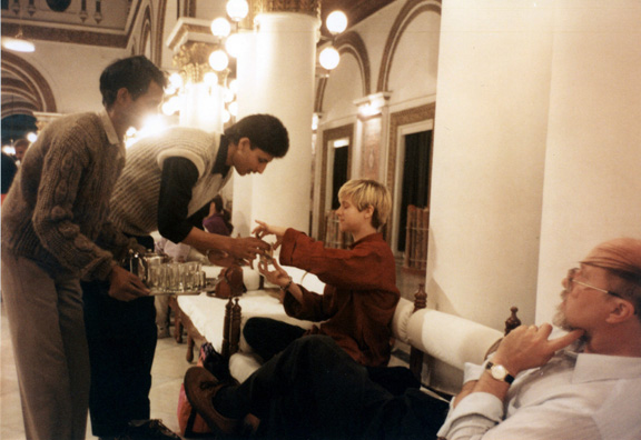 Several of us seeking a dance performance found one at yet another Kashmiri rug emporium, this one handsomely housed in an old palace. Megan Brians being served tea at a Kashmiri rug emporium, Calcutta. Terry Cook waits his turn.