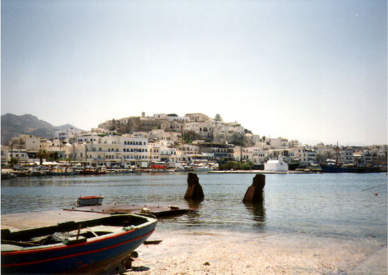 NAXOS: May 30 we took a boat to Naxos. Here is a harbor view of the capitol city of Hora. The Kastro is a charming old walled city from Venetian times, at the top of the hill in the center of town.