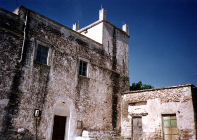 NAXOS: A Venetian-era castle, with typical Guelph rooftop decorations in the rural village of Ano Sangri.