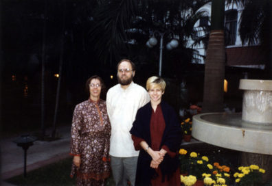 Paula Elliot, Paul Brians Megan Brians by the fountain in the Oberoi Grand courtyard. Ironically, it was in Calcutta, famous abroad for poverty, that we stayed in our most luxurious hotel: the Oberoi Grand. Unfortunately I was running out of film at this point, so I can't document its splendor here. This is our family happily posing in the hotel courtyard at night.