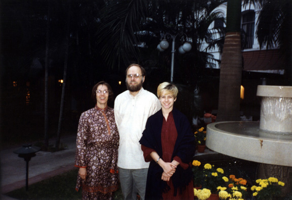 Paula Elliot, Paul Brians Megan Brians by the fountain in the Oberoi Grand courtyard. Ironically, it was in Calcutta, famous abroad for poverty, that we stayed in our most luxurious hotel: the Oberoi Grand. Unfortunately I was running out of film at this point, so I can't document its splendor here. This is our family happily posing in the hotel courtyard at night.