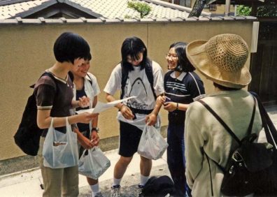KYOTO: A group of recent junior-high graduates sent out by their teacher to interview foreign tourists in order to practice their English, very common assignment which results typically in very little real communication but illustrates how safe Japanese society is. May 26, 1998