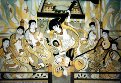XIAN: A modern painting of musicians on the wall of art studio where Michael bought paintings. We also visited the Archaeological institute, where Peter arranged to return to China the next year and visited the spectacular exhibits at the T'ang Art museum. Beautiful pottery, gold objects, but the gift shop sold no postcards. We saw a fellow painting t-shirts in a wide variety of styles, including Léger.