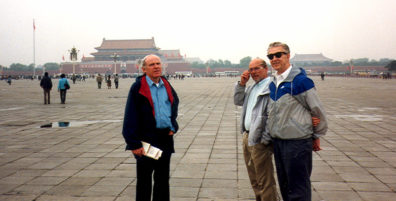 BEIJING: Doug, Terry, and Tom on Tienanmin Square. In the background, the entrance to the Forbidden City. We did the obligatory tour of Mao's tomb (rather simple and austere) sights around Tienanmin Square and had lunch at a very nice restaurant neighboring a Col. Sanders' Kentucky Fried Chicken.