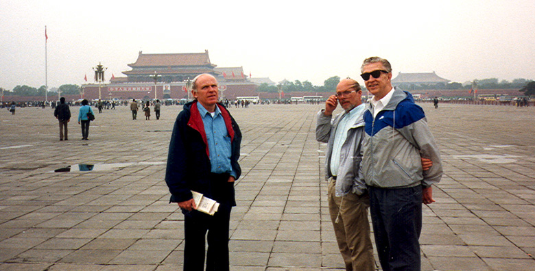 BEIJING: Doug, Terry, and Tom on Tienanmin Square. In the background, the entrance to the Forbidden City. We did the obligatory tour of Mao's tomb (rather simple and austere) sights around Tienanmin Square and had lunch at a very nice restaurant neighboring a Col. Sanders' Kentucky Fried Chicken.