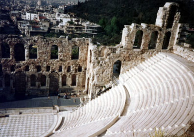 ATHENS: The next morning (May 23) we were up early to explore the Acropolis before the day's mobs of tourists arrived. On the way up we looked down on the Roman theater of Herod Atticus at its base, where performances are regularly given in the summer.