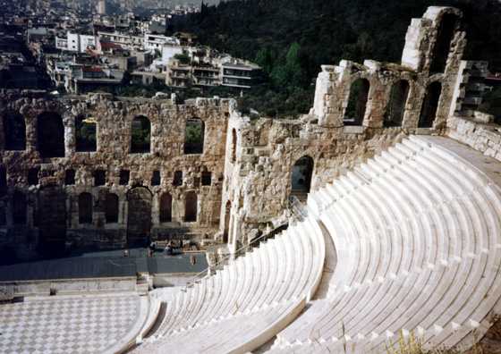 ATHENS: The next morning (May 23) we were up early to explore the Acropolis before the day's mobs of tourists arrived. On the way up we looked down on the Roman theater of Herod Atticus at its base, where performances are regularly given in the summer.