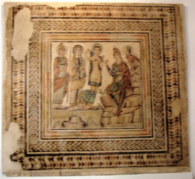 SEVILLA: A depiction of the famous beauty contest between Juno, Minerva, and Venus (Venus is the nude figure at right), with Paris giving the prize to Venus, who rewards him with Helen, triggering the Trojan War. Mosaic from the Casariche in Sevilla, 4th C. CE.