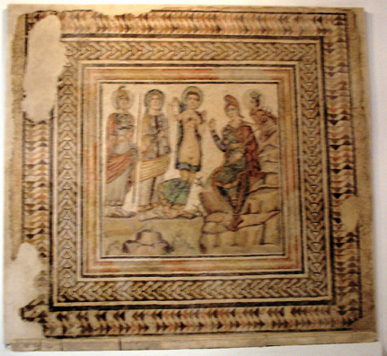 SEVILLA: A depiction of the famous beauty contest between Juno, Minerva, and Venus (Venus is the nude figure at right), with Paris giving the prize to Venus, who rewards him with Helen, triggering the Trojan War. Mosaic from the Casariche in Sevilla, 4th C. CE.